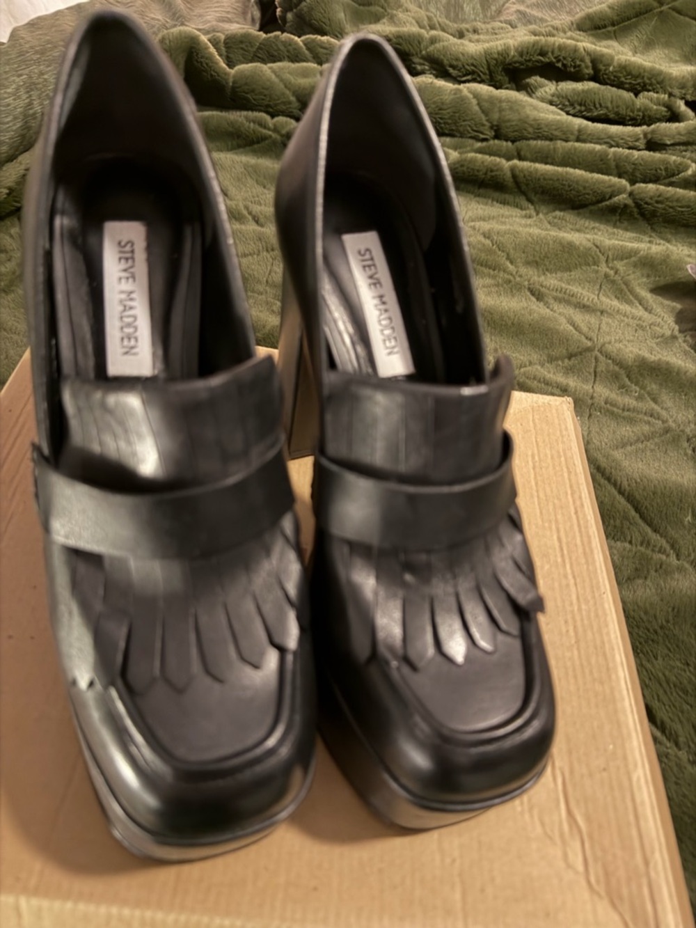 Steve Madden Black Fringe Platform Loafers with Block Heel